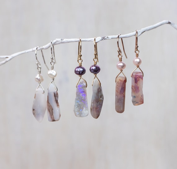 Raw Opal Earrings With Fresh Water Pearl Australian Opal Raw