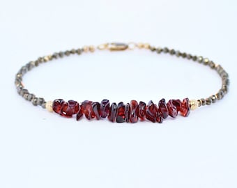 Raw garnet bracelet gold, silver with pyrite, raw crystal bracelet, January birthstone jewelry, beaded gemstone bracelet, boho gift for her