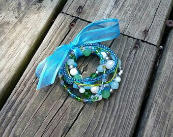 Blue and Green Multi Strand Bracelet, 6 Elastic Strands, All Glass Beads