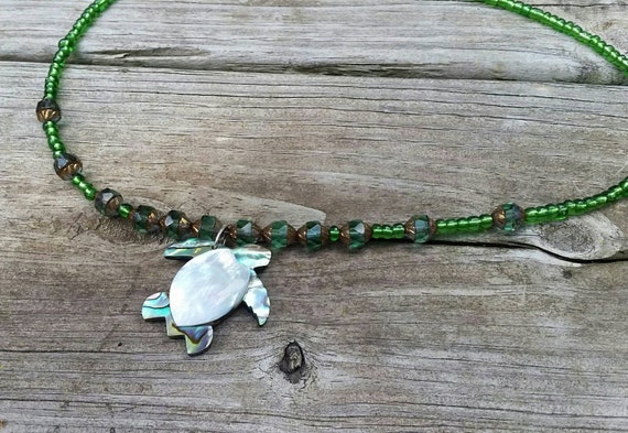 Abalone Turtle Pendant with Glass Beaded Necklace Abalone Turtle Pendant with Glass Beaded Necklace