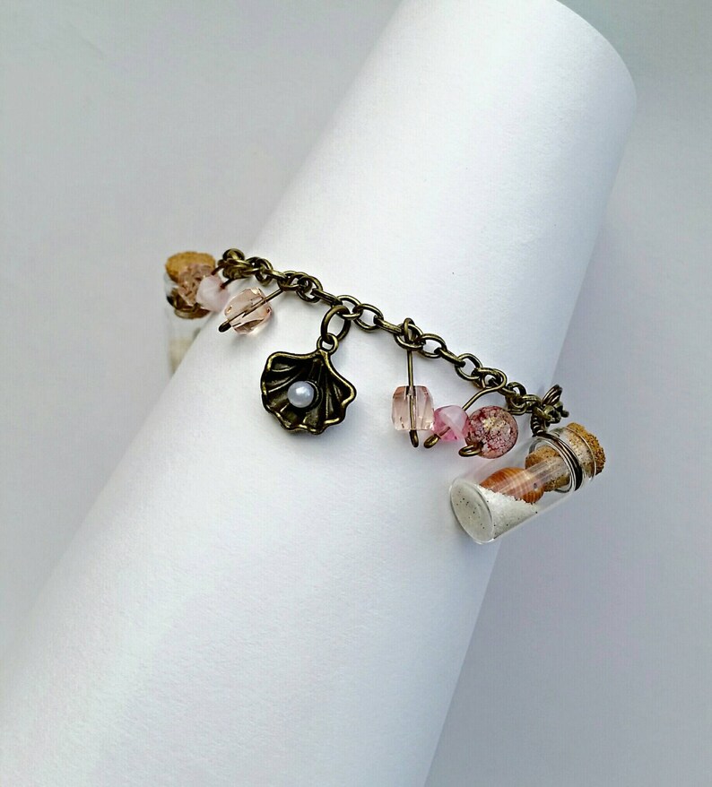 Beach Themed Charm Bracelet Clam Shell With Pearl Charm Two Etsy