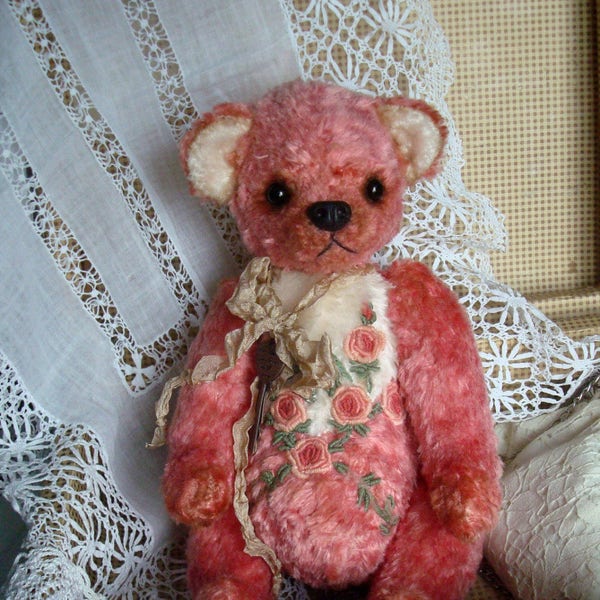 Teddy bear Amelie, 11.8 inches,  Artist teddy bear, OOAK, plush bear, Bear and embroidery, pink bear, collection toy, handmade teddy bear
