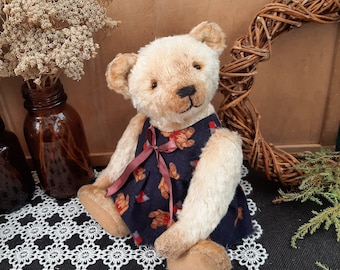 Artist teddy bear  Teddy bear handmade from light yellow plush  Collectible teddy bear in a dress