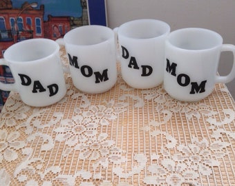 Glasbake vintage Mom and Dad mugs for Mothers Day and Fathers Day. Tributes to mom and dad printed on the back, very good condition, choose