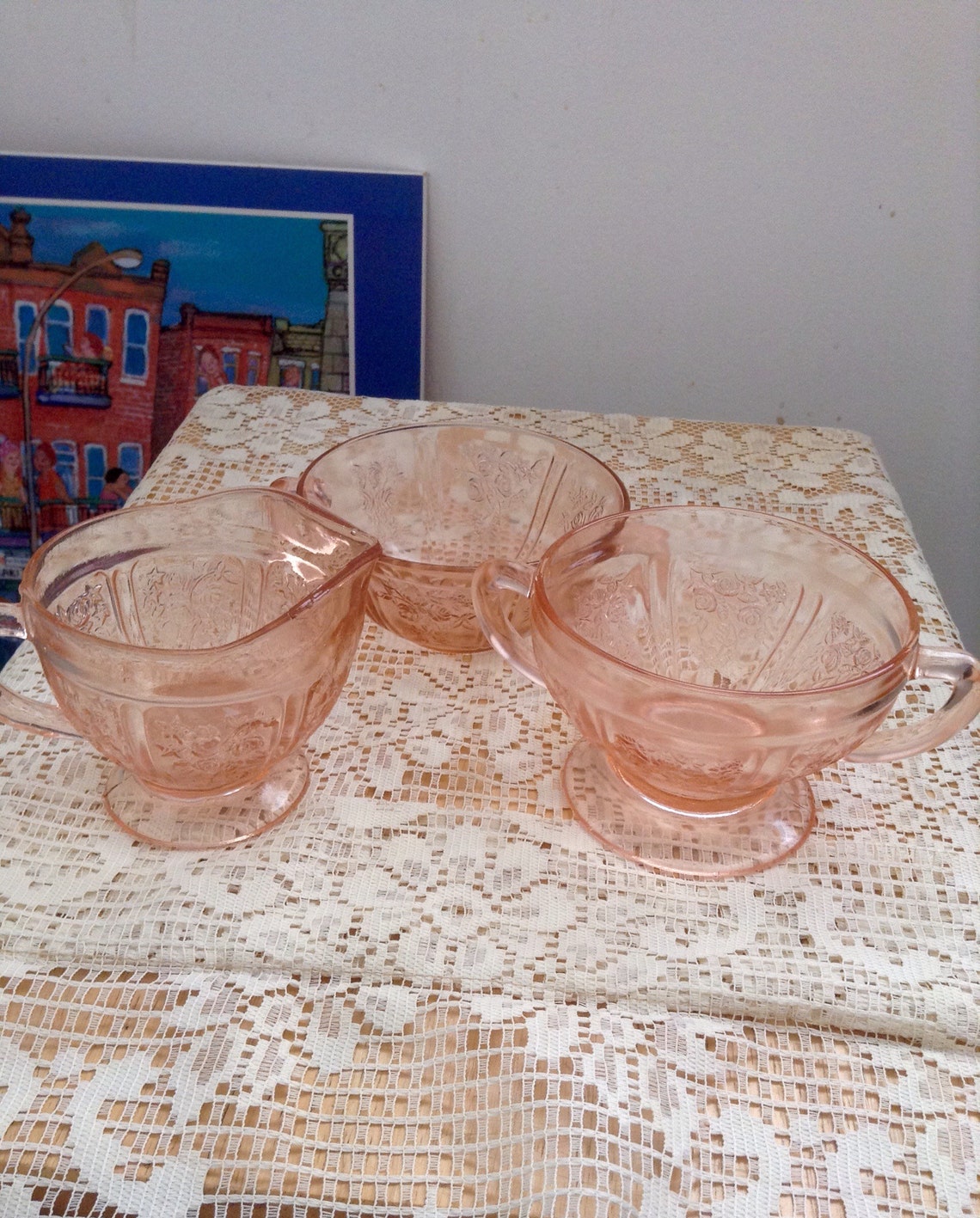 Pink Depression Glass Creamer, Open Sugar Bowl and Matching Cream Soup