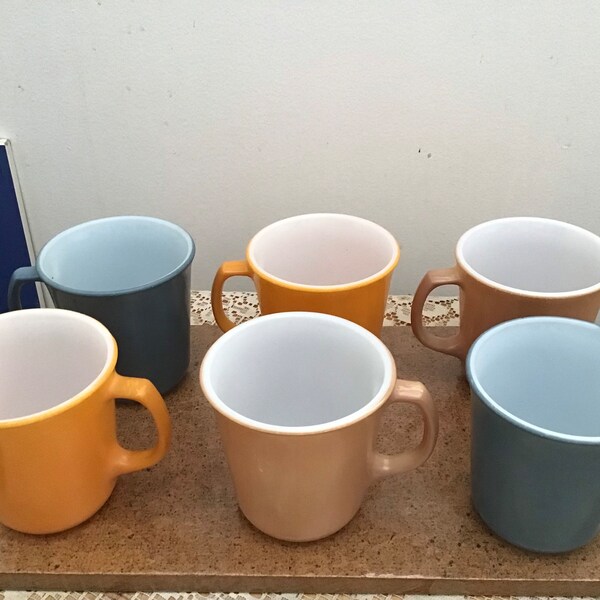 Pyrex Corning cups/mugs set of 6 mixed colours orange, blue, beige, near mint condition no chips or cracks,  marked on base.