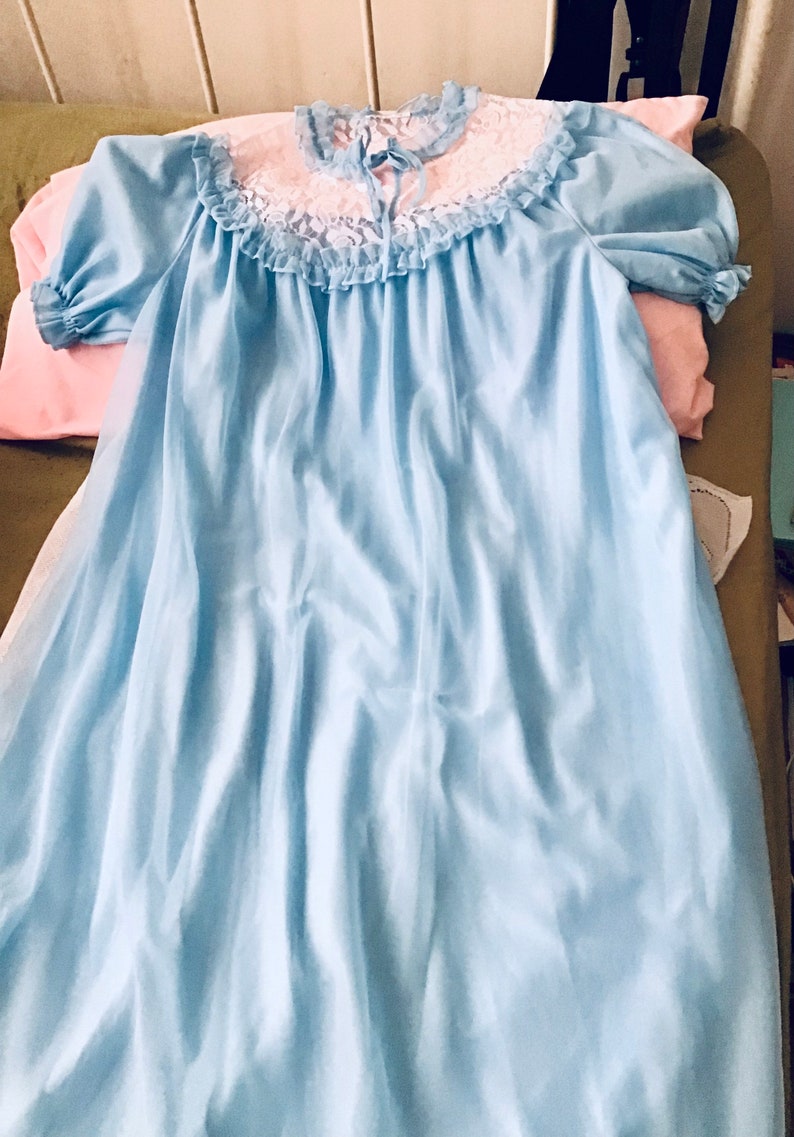 Vintage Nightie, Skyblue Nylon Nightgown, Short Sleeves, Ankle Length