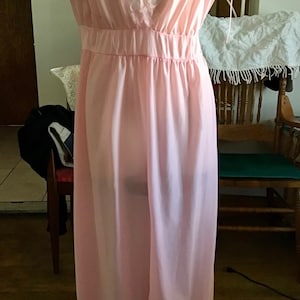 Vintage, sexy soft pink nightie ankle length nylon nightgown, deep v-neck, detailing with lace and strings, size M, not marked.