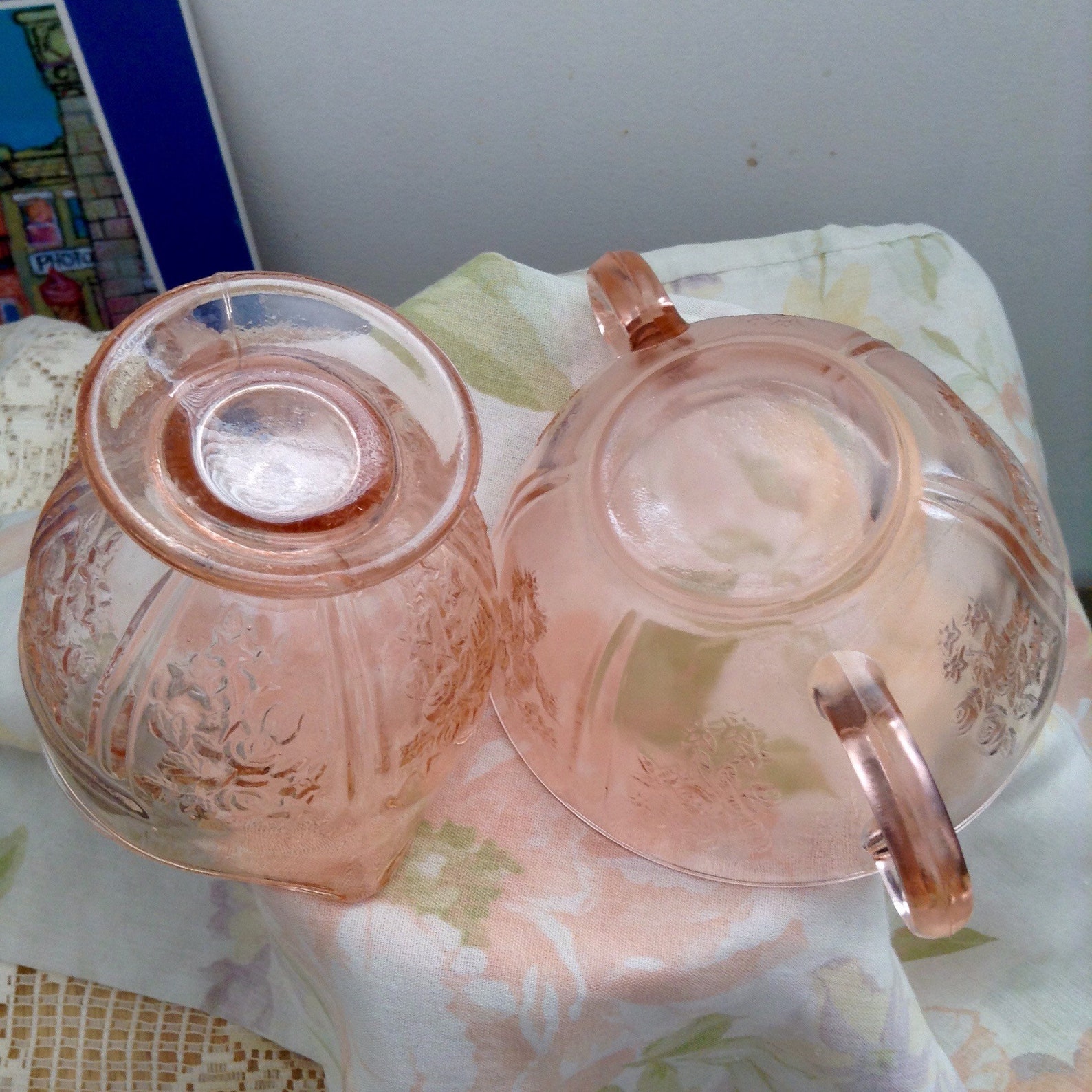 Pink Depression Glass Creamer, Open Sugar Bowl and Matching Cream Soup
