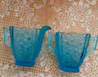 Vivid aquamarine blue depression glass creamer and open sugar bowl Federal Glass? Cut glass pattern.