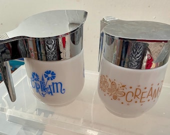 Gemco Blue Cornflower and Butterfly Gold creamers, excellent condition