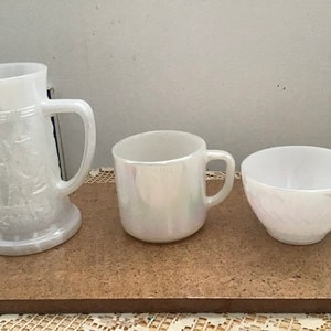 Federal Glass moonglow mug, cup, and large tankard, opalescent, iridescent, marked on the base.