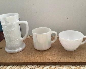 Federal Glass moonglow mug, cup, and large tankard, opalescent, iridescent, marked on the base.