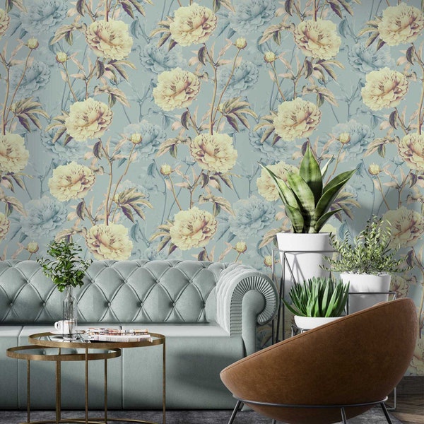 Golden flowers Peel and Stick Wallpaper Luxury Flowers Botanical Garden Greenery Plants Removable Decal Decor Wall Art Mural  wp115