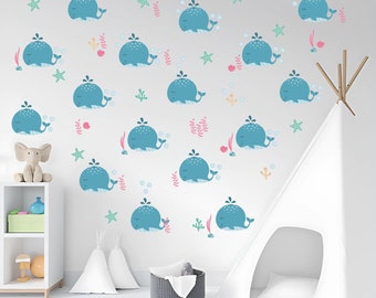 Whale Wall Decals Ocean Animals Underwater Set Sticker Scandinavian Girl Nursery Kids bedroom Bathroom Decor Playroom Peel and Stick ek15