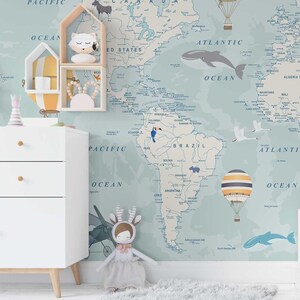 World Map Wallpaper Peel and Stick Mural Reusable Removable Decor Kids ...
