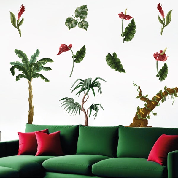 Palms and Flowers Wall Decal Summer vibe Leaf Greenery Leaves Sticker Office Decor el131