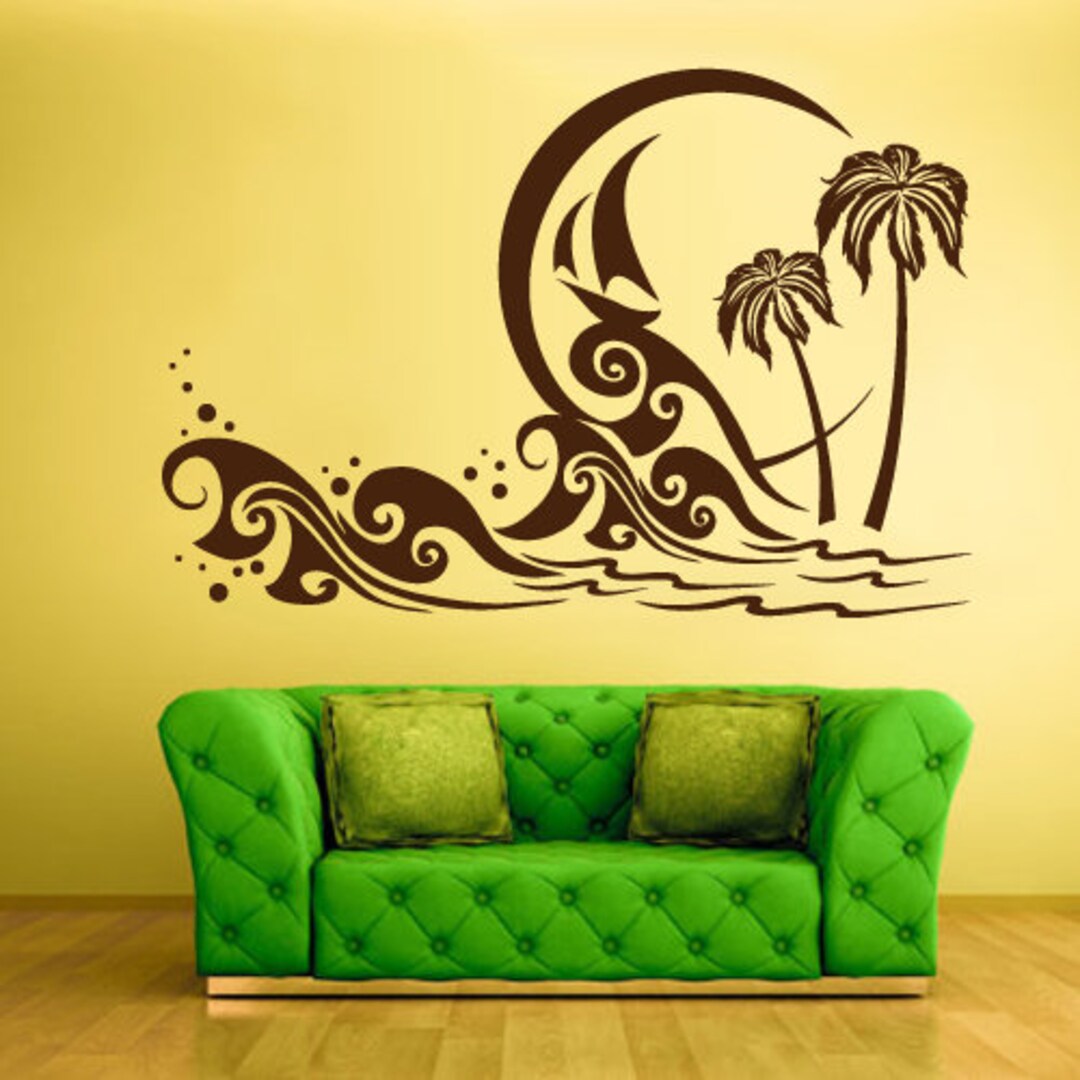 Palm Wall Decal Beach Themed Sticker Waves Rvz1341 Etsy
