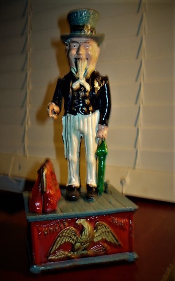 11 Working Reproduction Mechanical Coin Bank Patriotic Gift Vintage Cast Iron UNCLE SAM Bank Door Stop Push Nail Head /& Sam Drops Coin