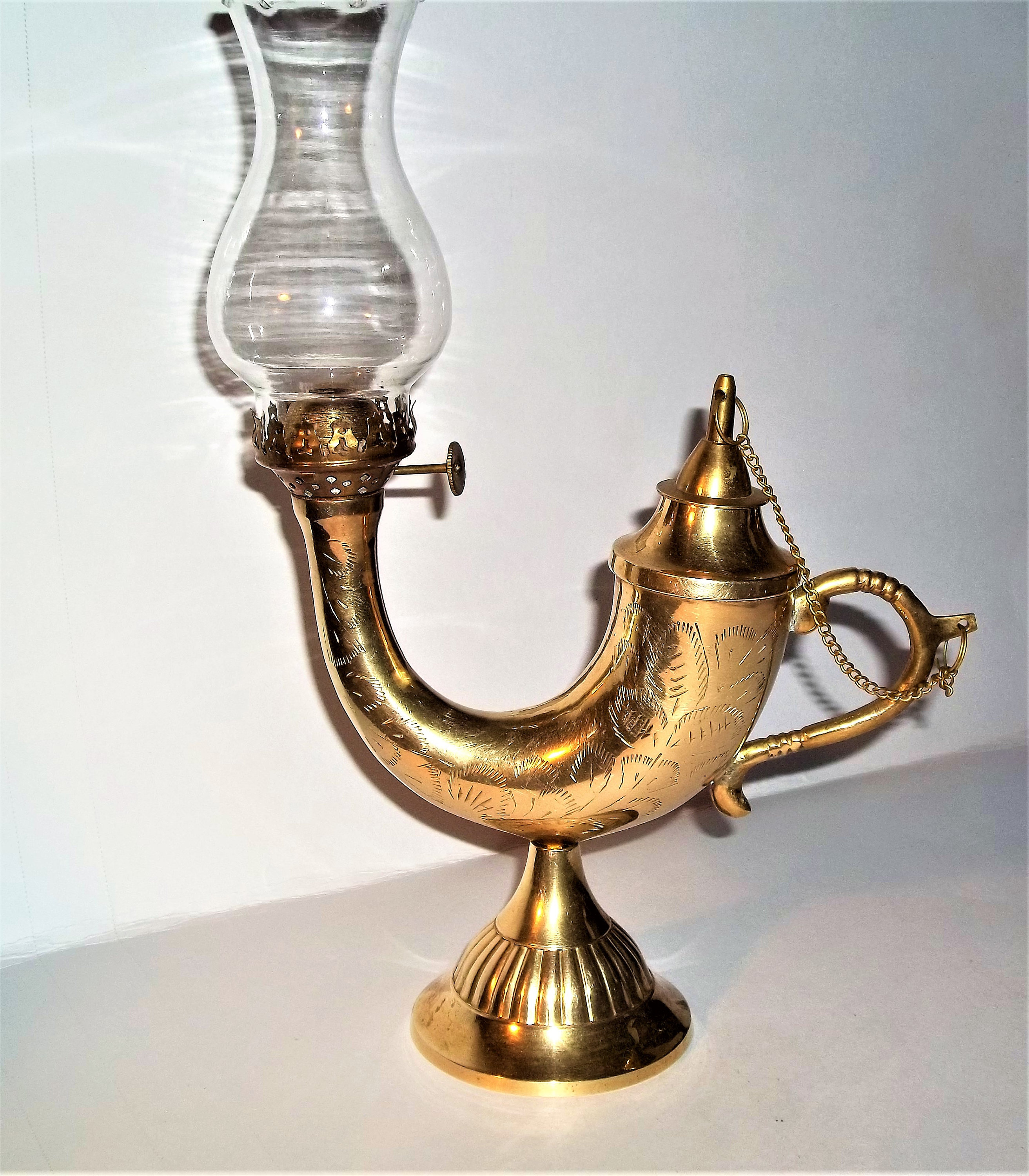 Vintage Etched Brass Aladdin Oil Lamp with Glass Globe Made in Etsy