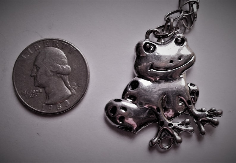 Vintage Frog Pendant Silver Tone on Long Silver Tone Rolo Chain Unisex