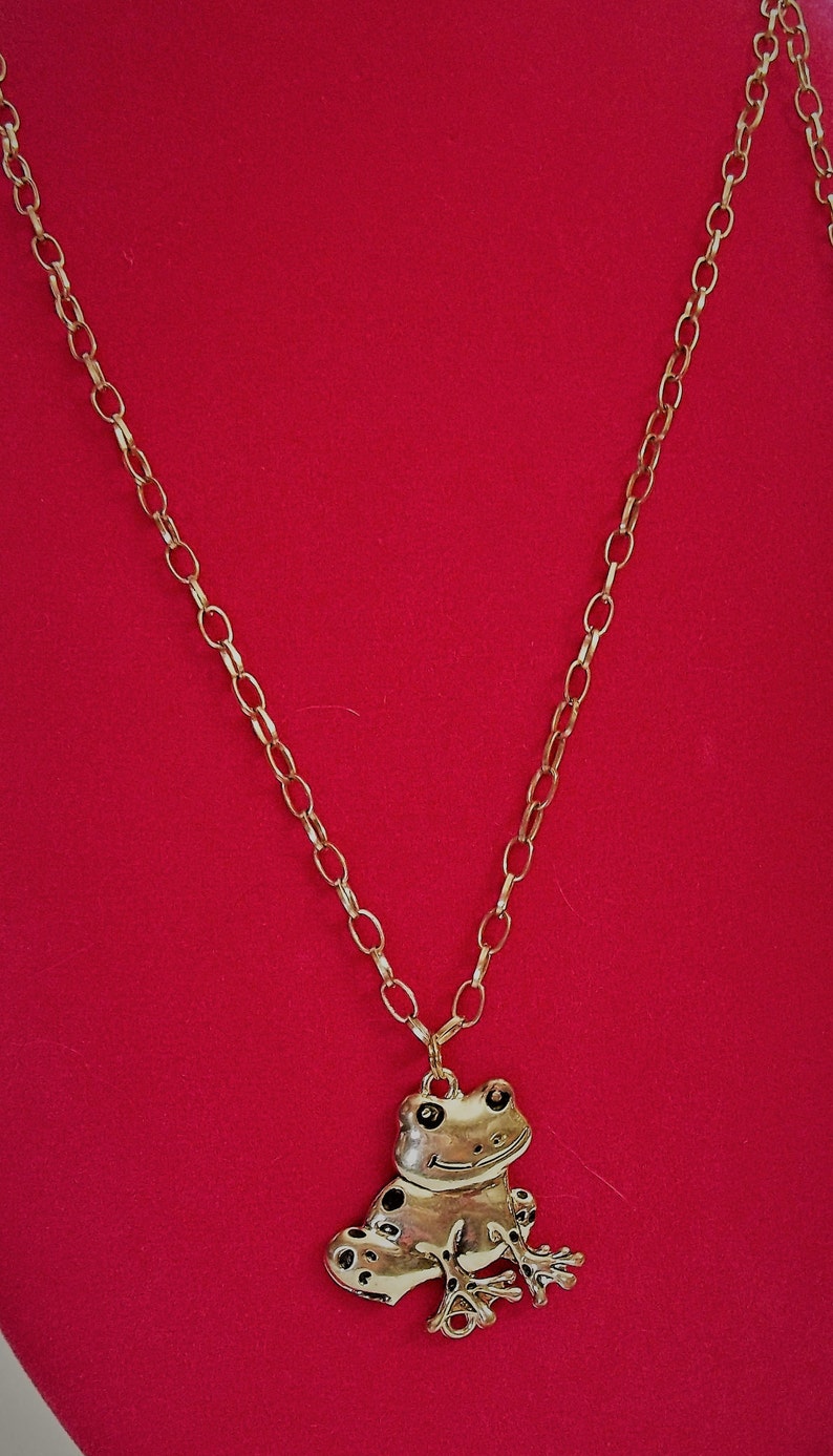 Vintage Frog Pendant Silver Tone on Long Silver Tone Rolo Chain Unisex
