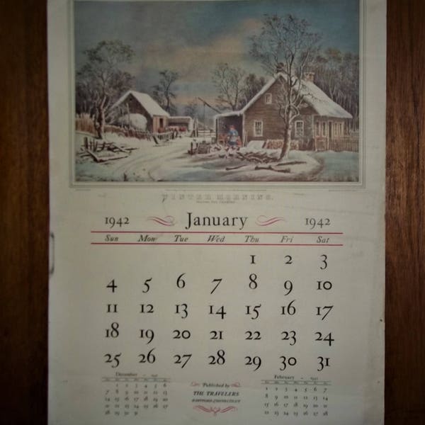 Vintage 1942 The Traveler's Calender Feature Currier and Ives Color Print Illustrations for each Month