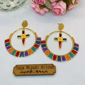 4 cm Creolen vergoldet mit Feingold / mehrfarbigen Miyuki-Perlen