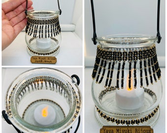 Decorative lantern and Led candle / Needle-woven gold and black Miyuki seed beads