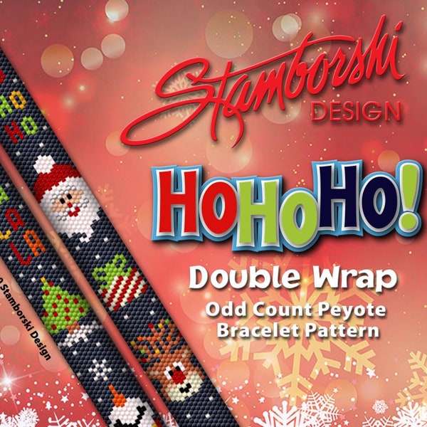 HoHOHO! - Odd count peyote bracelet, Double wrap, PDF pattern, Christmas theme pattern, peyote