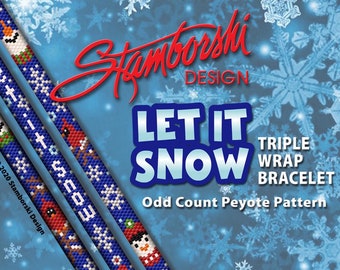 Let It Snow Bracelet Pattern - Odd count peyote, Winter Gnome, Penguin, Snowman (PDF Pattern)