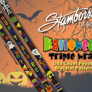May include: Three beaded bracelet patterns with Halloween themes, including ghosts, pumpkins, candy corn, and the words "BOO" and "HALLOWEEN". The patterns are on a black background with colorful beads. The image also includes a Halloween-themed background with pumpkins, bats, and a graveyard.