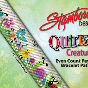 Peut inclure: Un motif de perles coloré pour un bracelet avec un design fantaisiste d'un oiseau, un poussin, un escargot, une coccinelle et des fleurs. Le motif est intitulé "Quirky Creatures" et est un motif de bracelet en peyote à nombre pair.