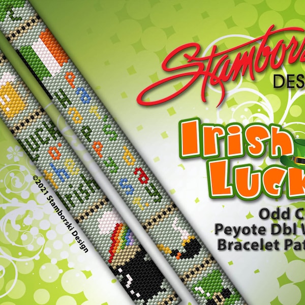 Irish Luck - Double wrap, odd count peyote bracelet, PDF pattern, St Patricks Day theme pattern, peyote