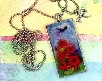 Poppies - Needle Felted Pendant, Wool Felt Jewelry, Felted Flower Jewelry