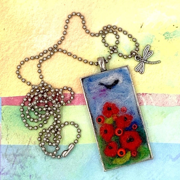 Poppies - Needle Felted Pendant, Wool Felt Jewelry, Felted Flower Jewelry
