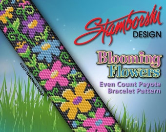 Blooming Flowers - Even count, peyote bracelet, PDF pattern