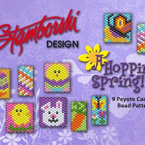 May include: A set of 9 colourful peyote stitch bead patterns for making Easter-themed charms. The patterns include a chick, bunny, carrot, butterfly, and eggs. The title of the set is "A Hopping Spring!"