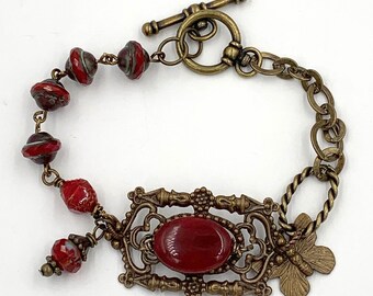 Art Nouveau Bracelet,  Brass Filigree focal, Czech bead links, Brass links with small butterfly.