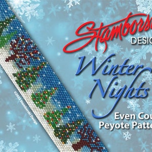 May include: A beaded peyote pattern design featuring a winter scene with Christmas trees and snowflakes. The text reads "Winter Nights" and "Even Count Peyote Pattern". The design is by Stamborski Design.