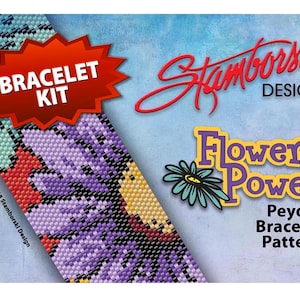 May include: A colorful beaded bracelet pattern called "Flower Power" by Stamborski Design. The pattern is for a peyote stitch bracelet. The image shows a close-up of the bracelet design and the title of the pattern.