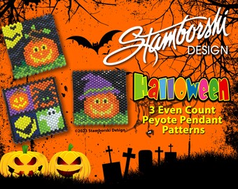 Halloween Faces Pendant - Even count, peyote pendants, PDF pattern