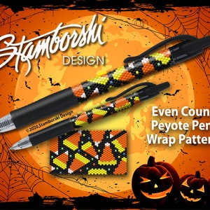 May include: A Halloween-themed peyote stitch pen wrap pattern with black, orange, and yellow beads. The pattern features candy corn and black cats. The text "Even Count Peyote Pen Wrap Pattern" is displayed below the pattern.
