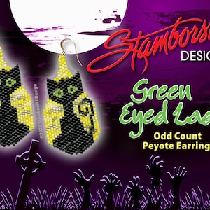 Green Eyed Lady  - Odd count peyote Halloween black cat earrings, peyote stitch, PDF pattern