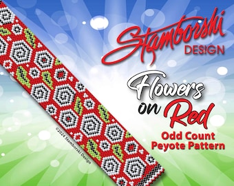 Flowers on Red - Odd count peyote pattern, peyote bracelet, PDF pattern