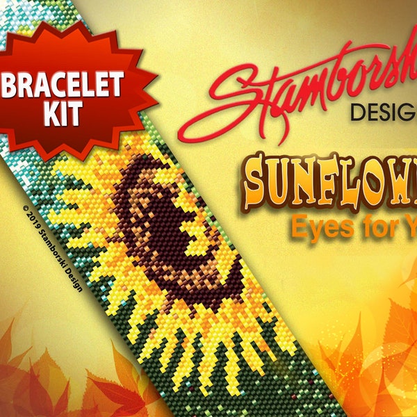 Sunflower...Eyes for you! Peyote Bracelet Kit. Includes: pattern, 15 colors of Delica beads, seed beads, crystals, slide clasp