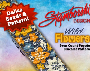 Wild Flowers - Peyote Bracelet Kit, Includes: pattern, 5 colors of Delica beads, seed beads for edge