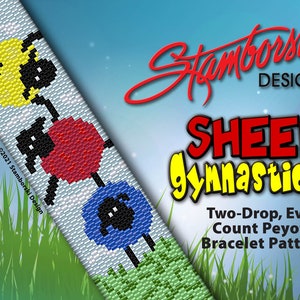 Sheep Gymnastics - Two-drop, even count peyote bracelet, peyote stitch, PDF pattern