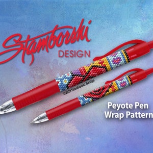 May include: Two red pens with colorful beaded designs. The pens are wrapped in peyote stitch beadwork. The text "Peyote Pen Wrap Pattern" is below the pens. The text "Stamborski Design" is above the pens.