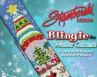 Blingie! - Even count peyote bracelet, PDF pattern, winter theme, gnome, peyote